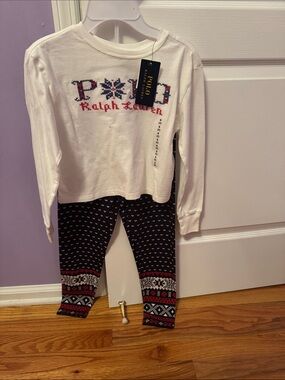 Polo by Ralph Lauren White Top with Navy Heart-Print Leggings Set